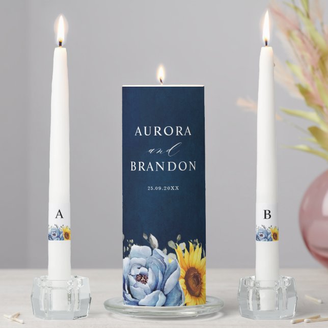 Sunflower Dusty Blue Slate Peony Floral Wedding Un Unity Candle Set (In Situ)