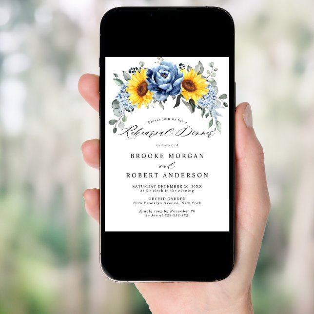 Sunflower Dusty Blue Slate Peony Rehearsal Dinner Invitation (Front Digital)