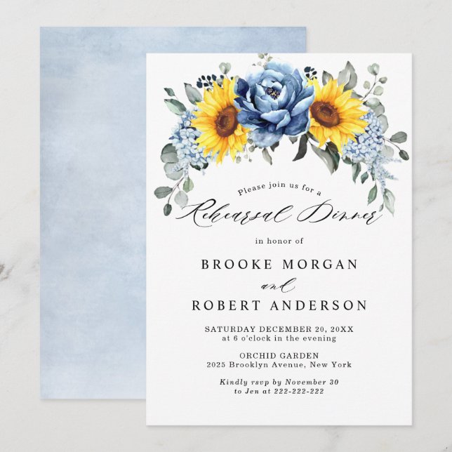 Sunflower Dusty Blue Slate Peony Rehearsal Dinner Invitation (Front/Back)