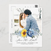 Sunflower Dusty Blue Slate Peony Save the Date Postcard (Front/Back)