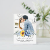Sunflower Dusty Blue Slate Peony Save the Date Postcard (Standing Front)