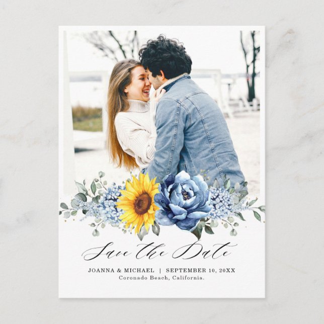 Sunflower Dusty Blue Slate Peony Save the Date Postcard (Front)