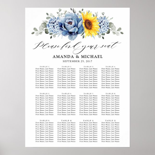 Sunflower Dusty Blue Slate Peony Seating Chart     (Front)