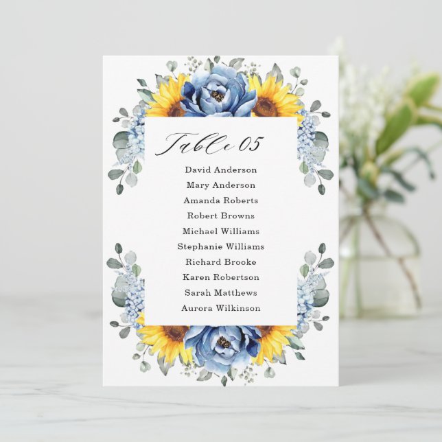 Sunflower Dusty Blue Slate Peony Seating Chart Invitation (Standing Front)
