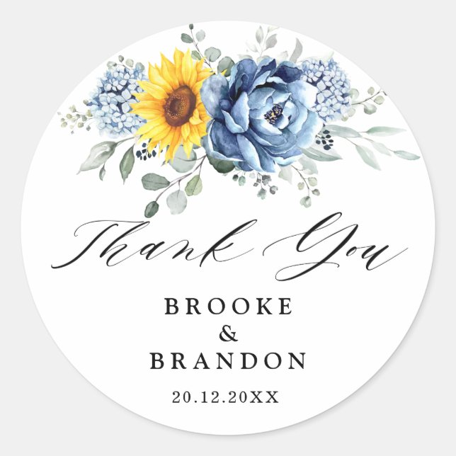 Sunflower Dusty Blue Slate Peony Thank you Classic Round Sticker (Front)