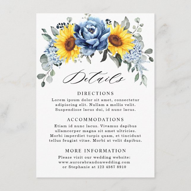 Sunflower Dusty Blue Slate Peony Wedding Details Enclosure Card (Front)