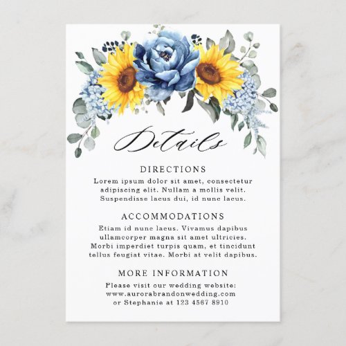 Sunflower Dusty Blue Slate Peony Wedding Details Enclosure Card