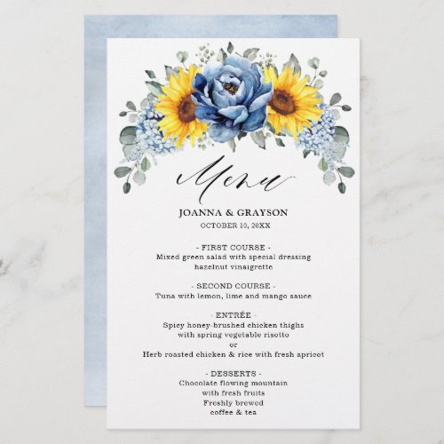 Sunflower Dusty Blue Slate Peony  Wedding  Menu   