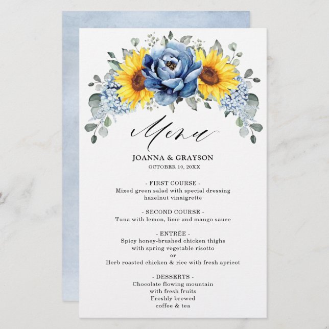 Sunflower Dusty Blue Slate Peony  Wedding  Menu    (Front/Back)