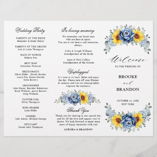 Sunflower Dusty Blue Slate Peony Wedding Program