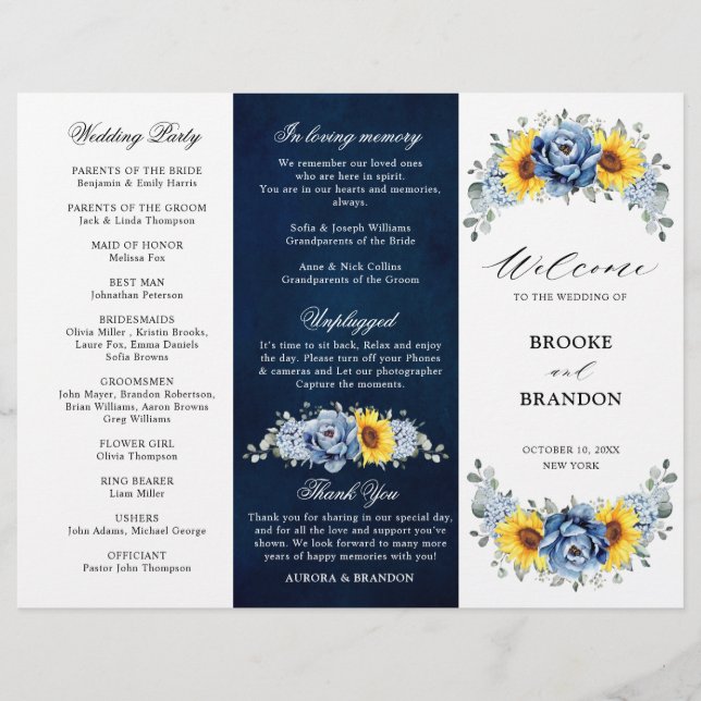 Sunflower Dusty Blue Slate Peony Wedding Program (Front)