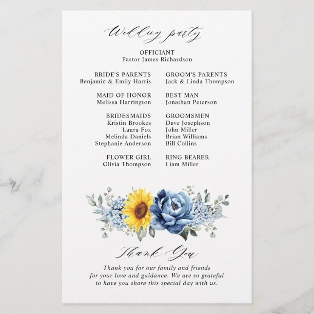 Sunflower Dusty Blue Slate Peony Wedding Program (Back)