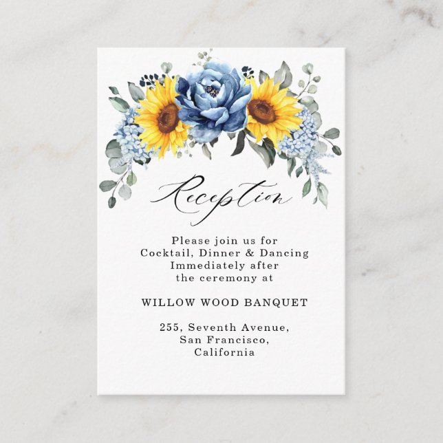 Sunflower Dusty Blue Slate Peony Wedding Reception Enclosure Card (Front)