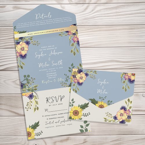 Sunflower Dusty Blue Wedding All In One Invitation