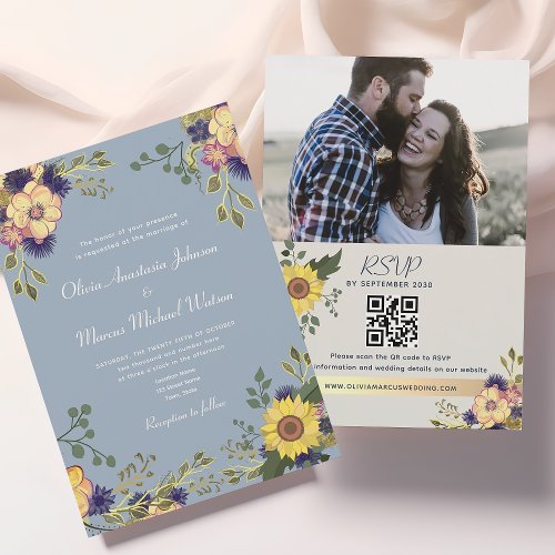 Sunflower Dusty Blue Wedding QR Code Invitation