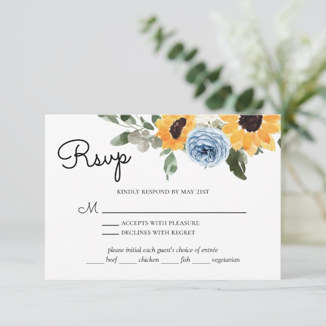 Sunflower Dusty Blue Wedding with Meal Choice RSVP Card (Standing Front)