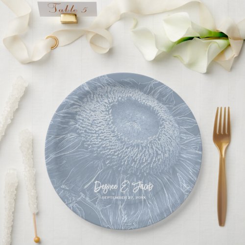 Sunflower Dusty Blue White Floral Art Elegant Paper Plates