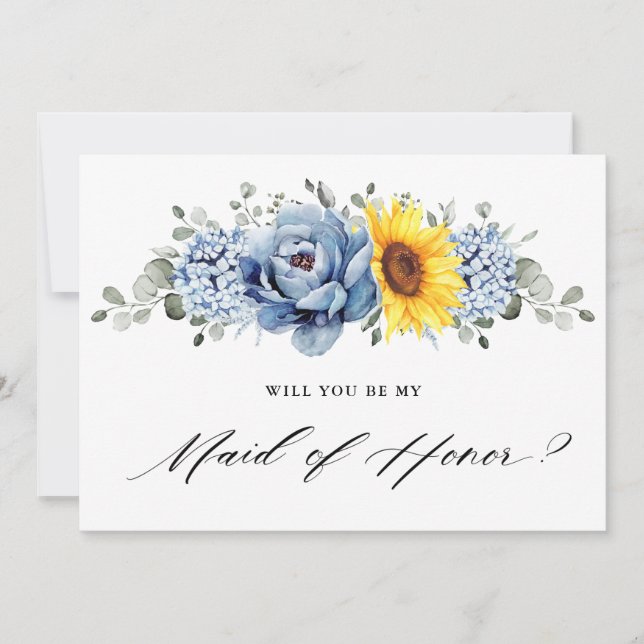 Sunflower Dusty Blue Will you be my Maid of Honor Invitation (Front)