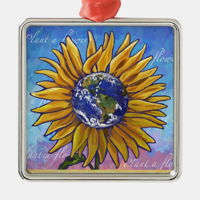 Sunflower Earth Art Metal Ornament (Front)