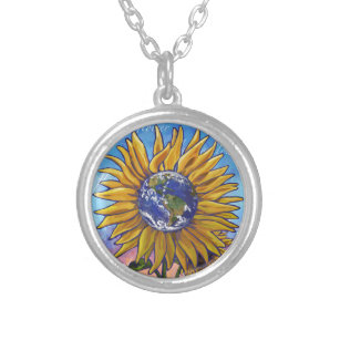 Sunflower Earth Art Silver Plated Necklace