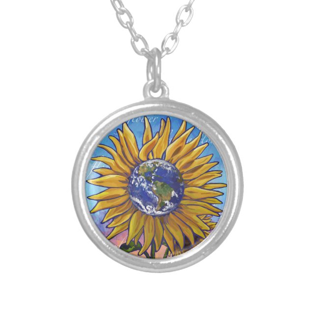 Sunflower Earth Art Silver Plated Necklace (Front)