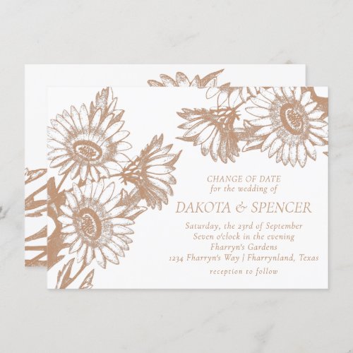 Sunflower Elegance  Rose Gold Wedding Date Change Invitation