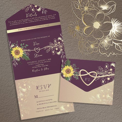 Sunflower Elegant Boho Purple Wedding All In One Invitation