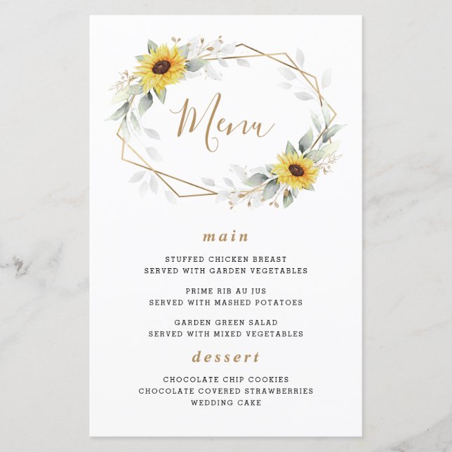 Sunflower Elegant Geometric Wedding Menu Cards (Front)