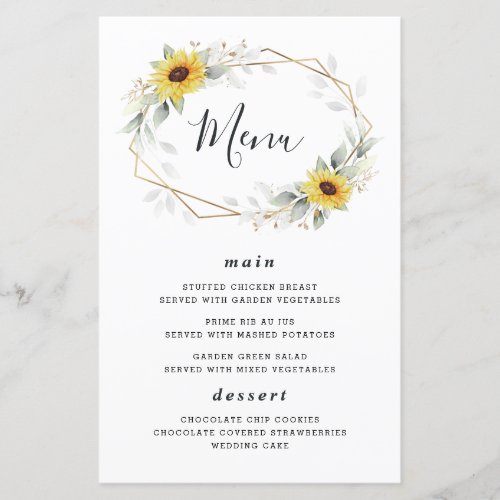 Sunflower Elegant Geometric Wedding Menu Cards