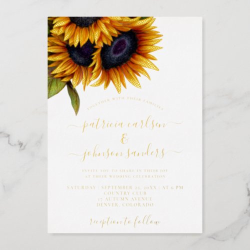 Sunflower elegant gold foil chic script wedding foil invitation