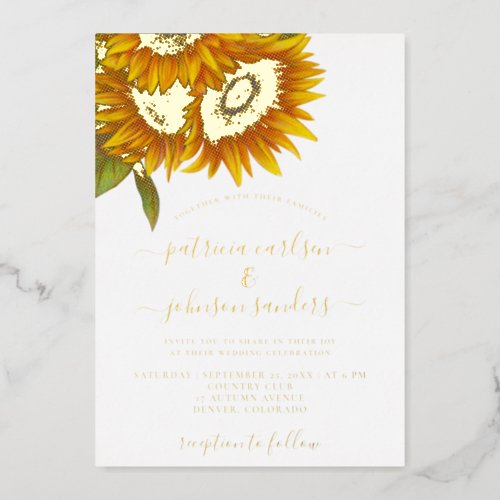 Sunflower elegant gold foil chic script wedding foil invitation