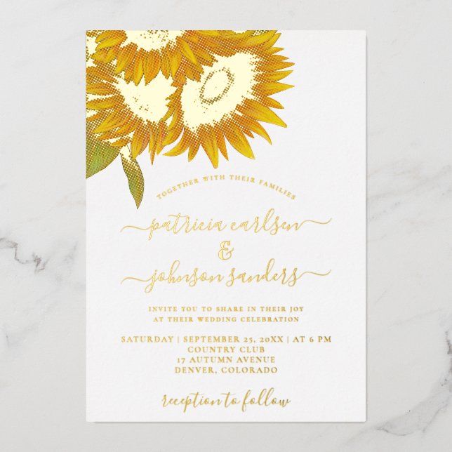 Sunflower elegant gold foil chic script wedding invitation (Front)