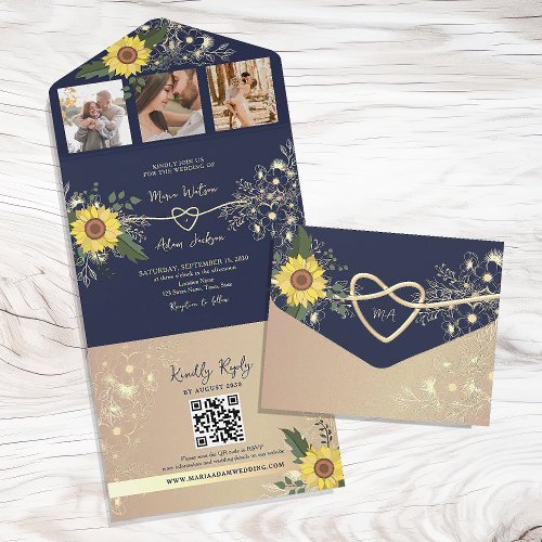 Sunflower Elegant Navy Blue Wedding QR Code All In One Invitation