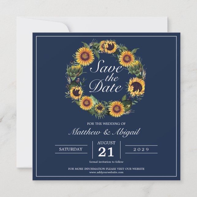 Sunflower Elegant Navy Blue Wedding Save The Date (Front)