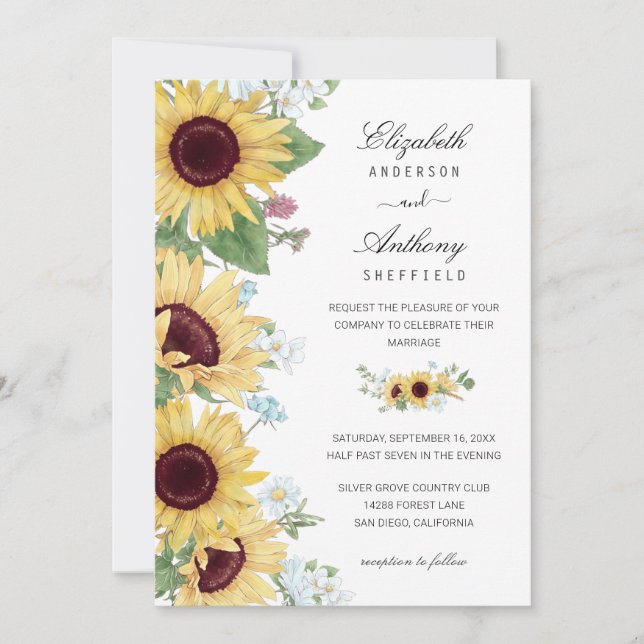 Sunflower Elegant Rustic Floral Wedding Invitation (Front)