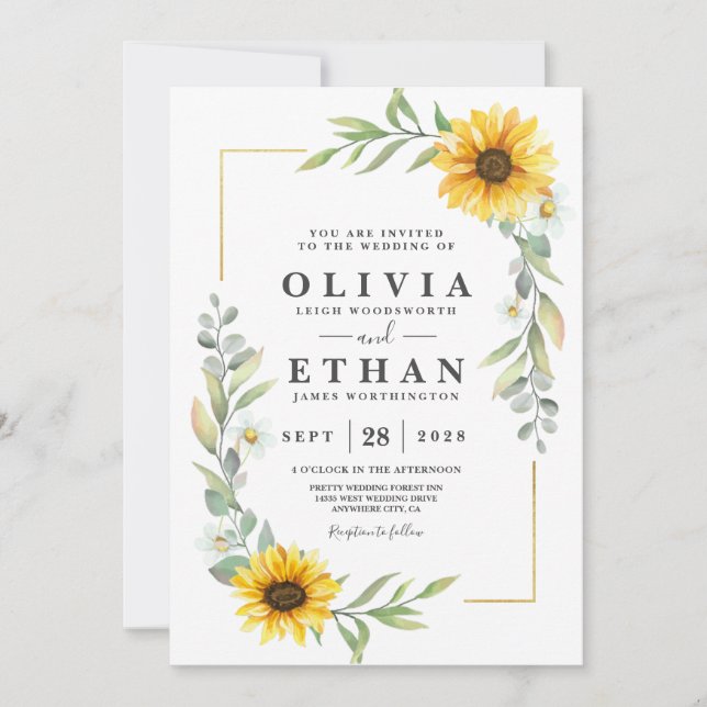 Sunflower Elegant Rustic Geometric Gold Invitation (Front)