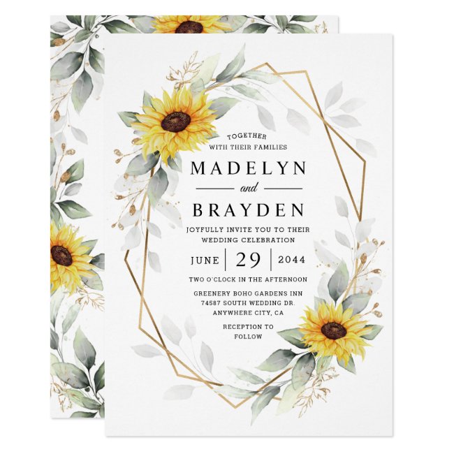 Sunflower Elegant Rustic Geometric Gold Wedding Invitation