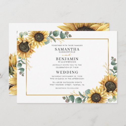 Sunflower Elegant Rustic Geometric Gold Wedding Invitation
