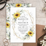 Sunflower Elegant Rustic Geometric Gold Wedding Invitation<br><div class="desc">Design features watercolor greenery,  sunflowers,  printed gold elements and airy botanical leaves over a printed gold colored geometric frame. The back features a matching airy greenery and sunflower wreath.</div>