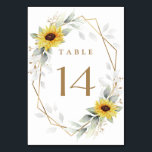 Sunflower Elegant Rustic Geometric Gold Wedding Table Number<br><div class="desc">Design features watercolor greenery,  sunflowers,  printed gold elements and airy botanical leaves over a printed gold colored geometric frame. The back features a matching greenery and sunflower wreath.</div>