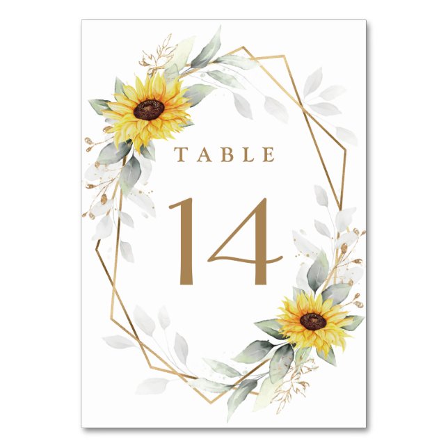 Sunflower Elegant Rustic Geometric Gold Wedding Table Number (Front)