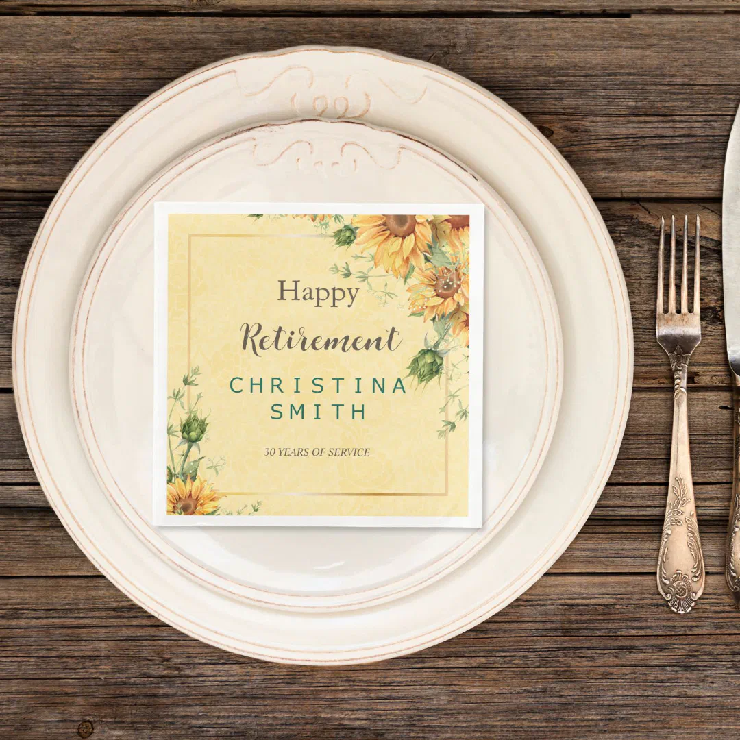 Sunflower Elegant Watercolor Retirement Party Paper Dinner Napkins (Sunflower Elegant Watercolor Retirement Party Paper Dinner Napkins)