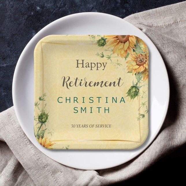 Sunflower Elegant Watercolor Retirement Party Paper Plates (Sunflower Elegant Watercolor Retirement Party Paper Plates)