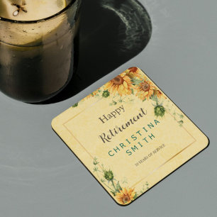 Sunflower Elegant Watercolor Retirement Party Square Paper Coaster