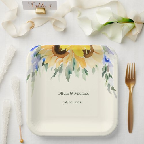Sunflower Elegant Watercolor Wedding Paper Plates