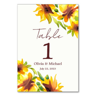 Sunflower Elegant Watercolor Wedding Table Number