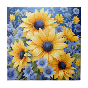 Sunflower Elegant With Soft Blue Wildflowers Ceramic Tile