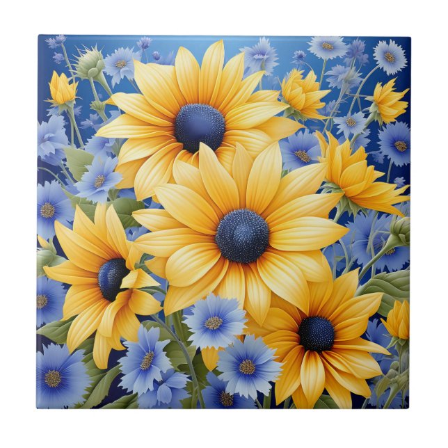 Sunflower Elegant With Soft Blue Wildflowers Ceramic Tile (Front)