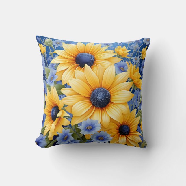 Sunflower Elegant With Soft Blue Wildflowers Throw Pillow (Front)