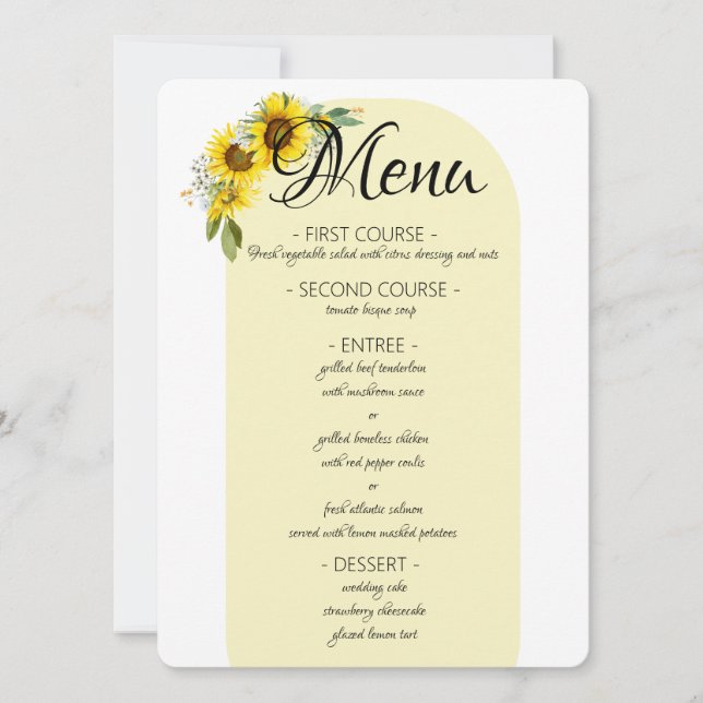 Sunflower elegant yellow arch wedding menu (Front)